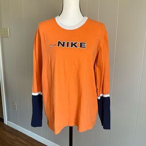 Vintage Nike Womens Long Sleeve Color Block Orange Navy Sweatshirt Size Large